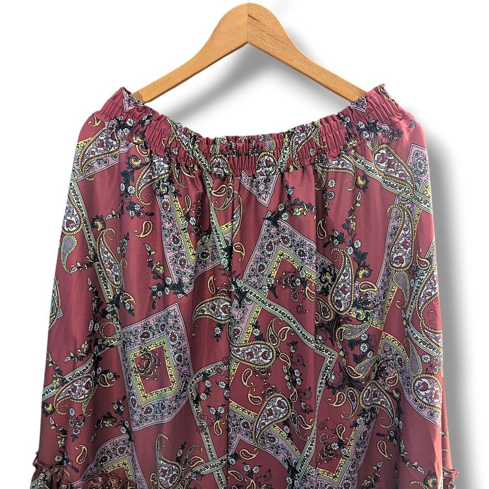 NWOT Wine Paisley Pleated Midi Skirt Elastic Waist Purple Yellow  White XL/XXL - Picture 2 of 4